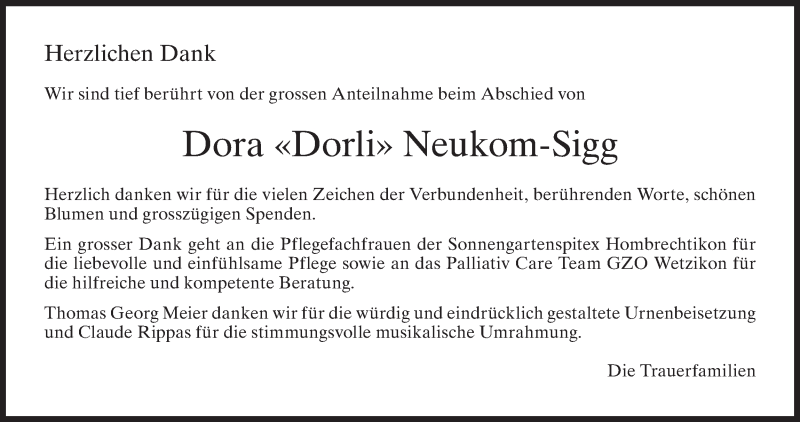  Traueranzeige für Dora Neukom-Sigg vom 23.02.2022 aus AvU