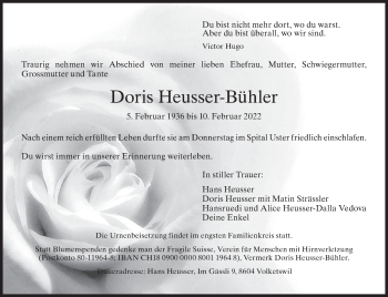 Traueranzeige von Doris Heusser-Bühler von ZO solo
