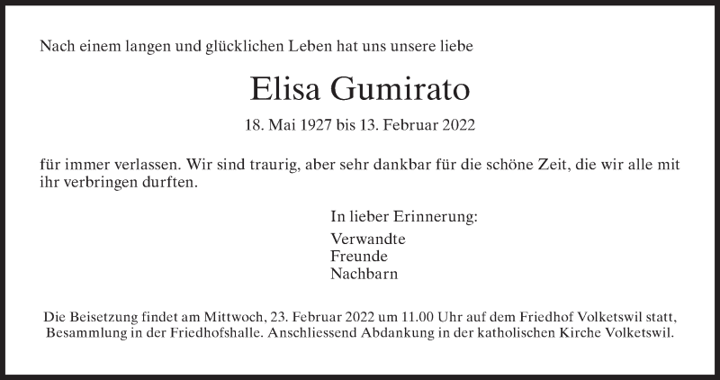  Traueranzeige für Elisa Gumirato vom 16.02.2022 aus AvU