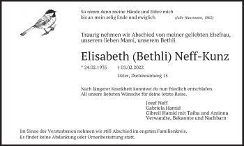 Traueranzeige von Elisabeth Neff-Kunz von AvU