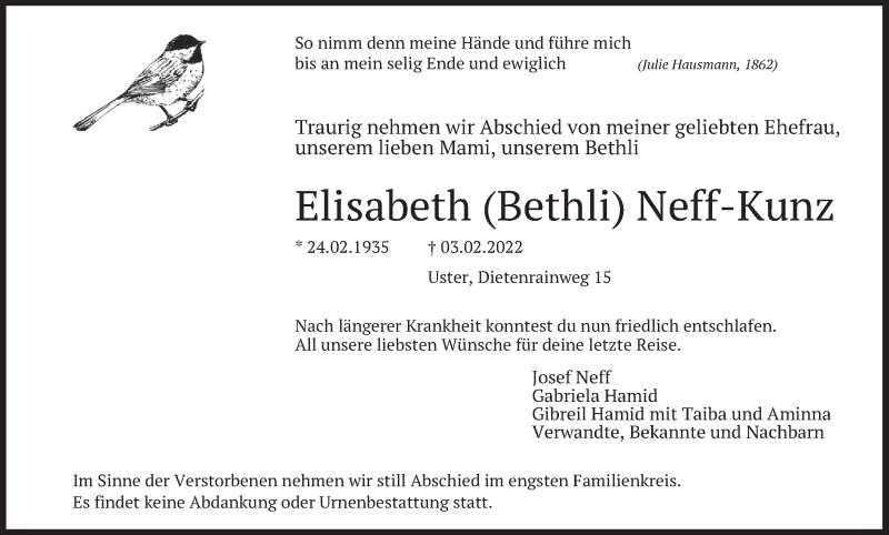  Traueranzeige für Elisabeth Neff-Kunz vom 09.02.2022 aus AvU