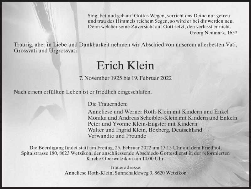  Traueranzeige für Erich Klein vom 23.02.2022 aus AvU