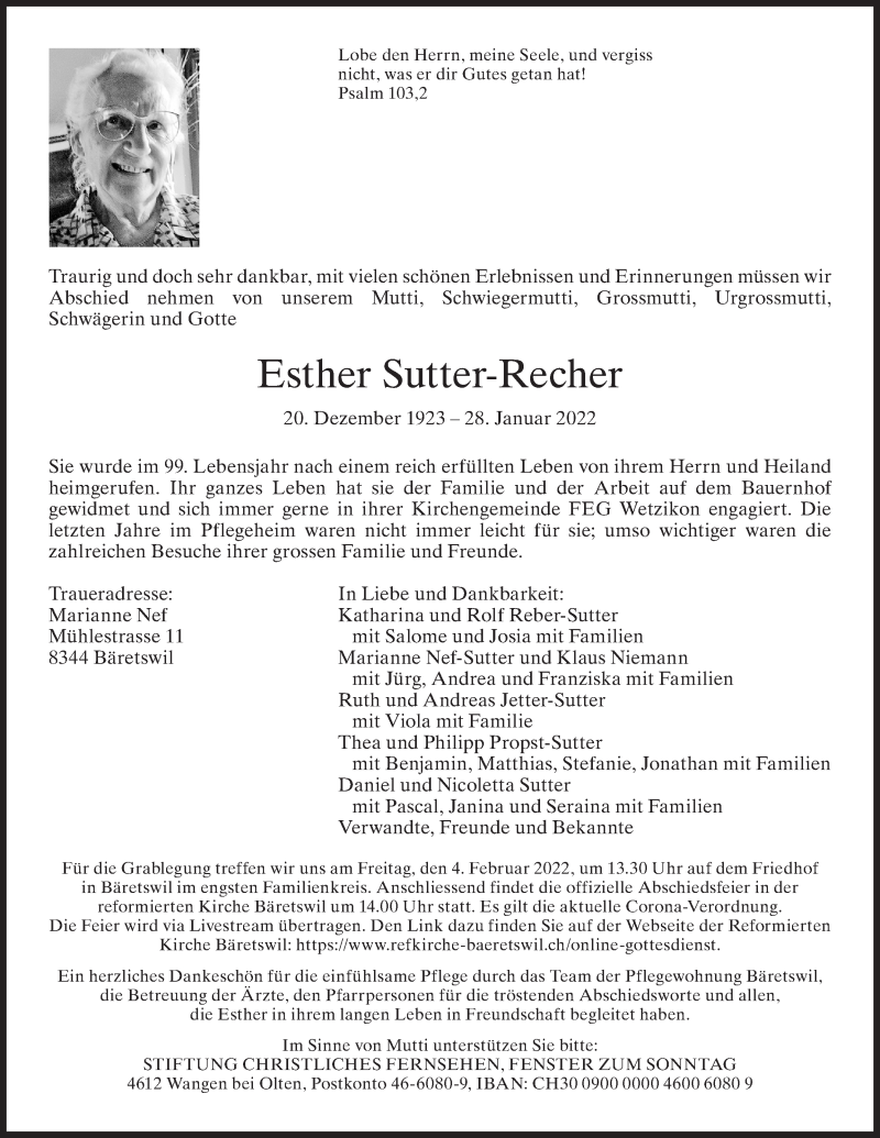  Traueranzeige für Esther Sutter-Recher vom 02.02.2022 aus AvU