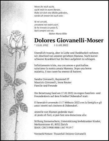 Traueranzeige von Dolores Giovanelli-Moser von VO solo