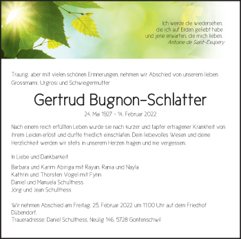 Traueranzeige von Gertrud  Bugnon-Schlatter von VO solo