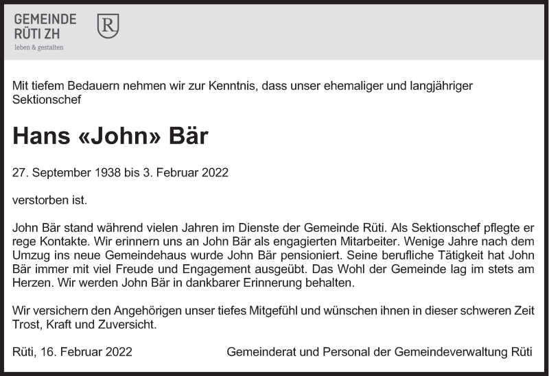  Traueranzeige für Hans Bär vom 16.02.2022 aus AvU