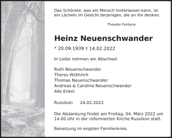 Traueranzeige von Heinz Neuenschwander von AvU