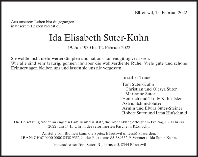  Traueranzeige für Ida Elisabeth Suter-Kuhn vom 16.02.2022 aus AvU