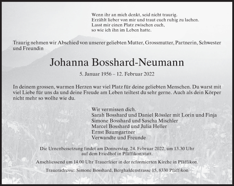  Traueranzeige für Johanna Bosshard-Neumann vom 16.02.2022 aus AvU
