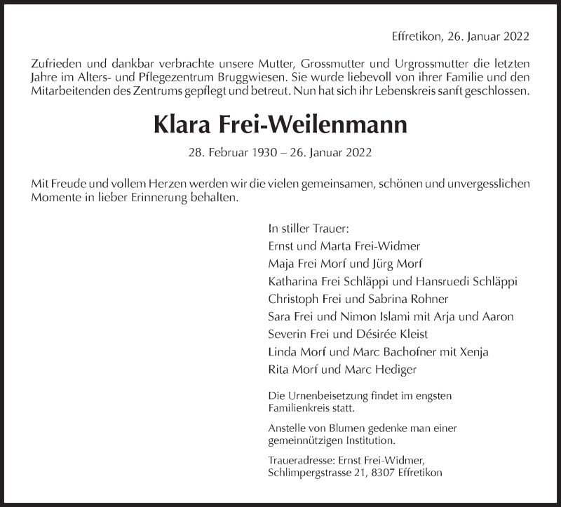  Traueranzeige für Klara Frei-Wellenmann vom 10.02.2022 aus reg_5