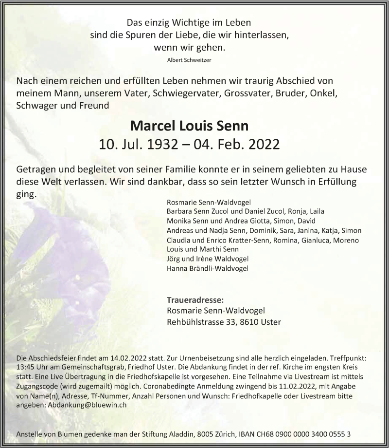  Traueranzeige für Marcel Louis Senn vom 09.02.2022 aus AvU