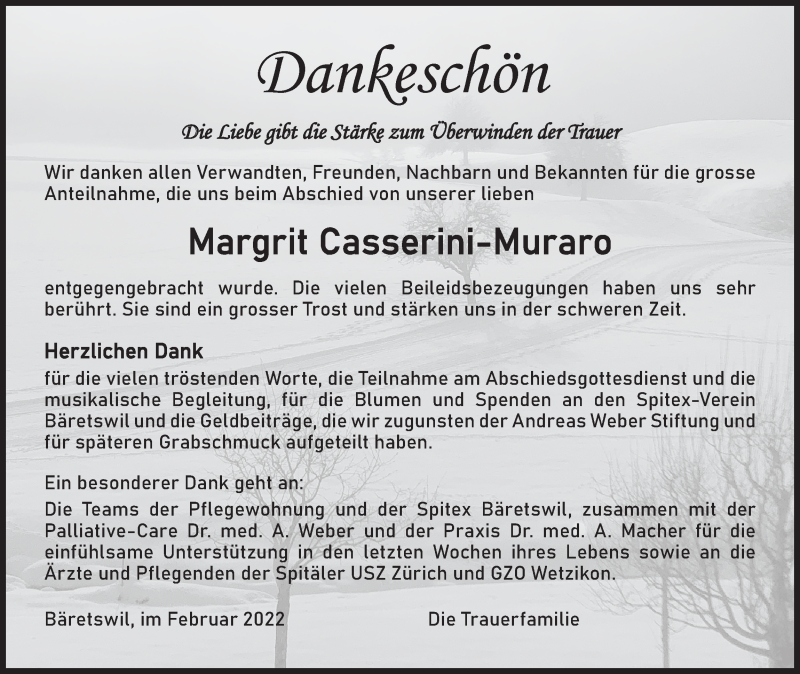  Traueranzeige für Margrit Casserini-Muraro vom 16.02.2022 aus AvU