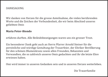 Traueranzeige von Maria Peter-Biondo von AvU