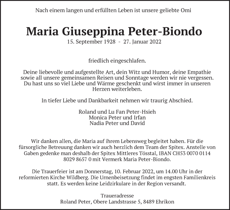  Traueranzeige für Maria Giuseppina Peter-Biondo vom 04.02.2022 aus AvU