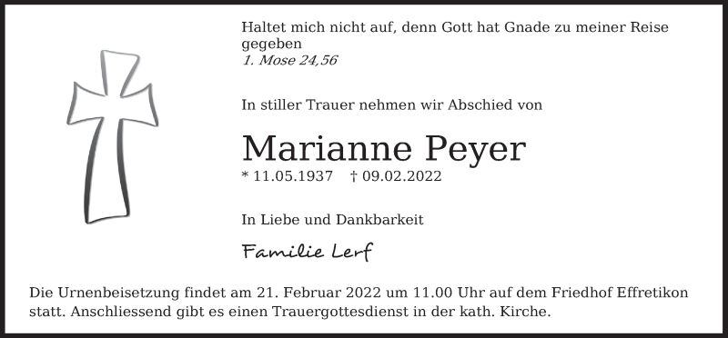 Traueranzeige für Marianne Peyer vom 17.02.2022 aus reg_5