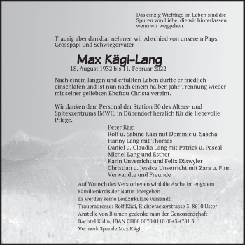 Traueranzeige von Max Kägi-Lang von VO solo