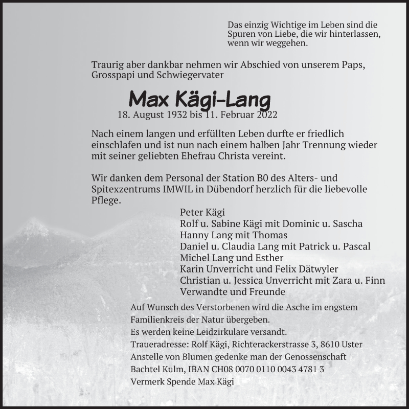  Traueranzeige für Max Kägi-Lang vom 16.02.2022 aus AvU
