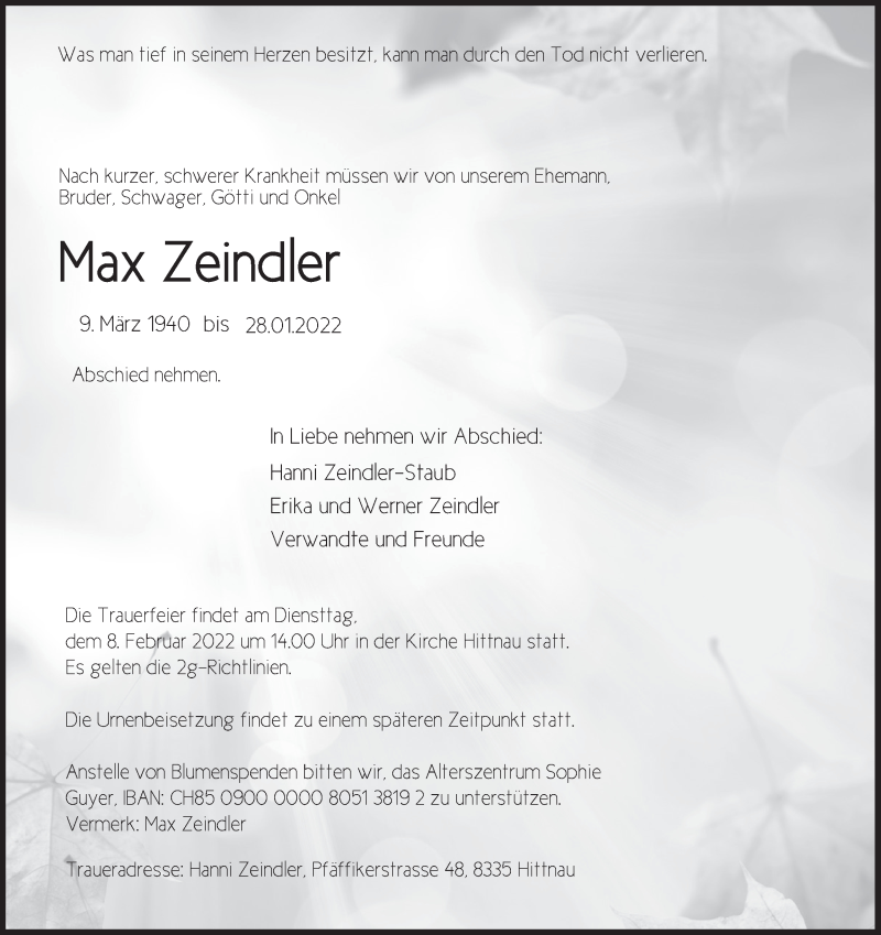  Traueranzeige für Max Zeindler vom 02.02.2022 aus AvU