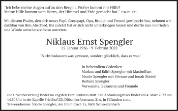 Traueranzeige von Niklaus Ernst Spengler von VO solo