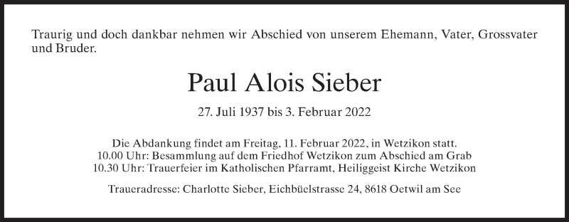  Traueranzeige für Paul Alois Sieber vom 09.02.2022 aus AvU