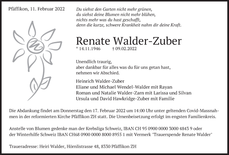  Traueranzeige für Renate Walder-Zuber vom 14.02.2022 aus AvU