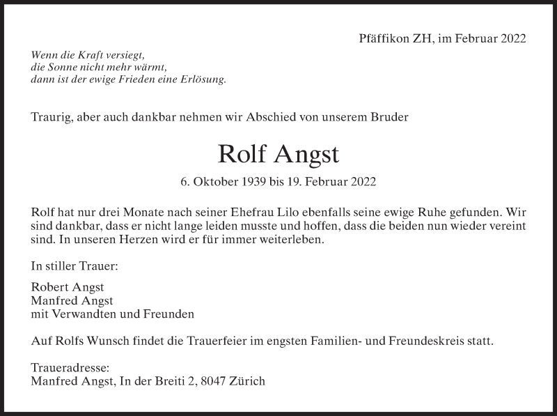  Traueranzeige für Rolf Angst vom 01.03.2022 aus AvU