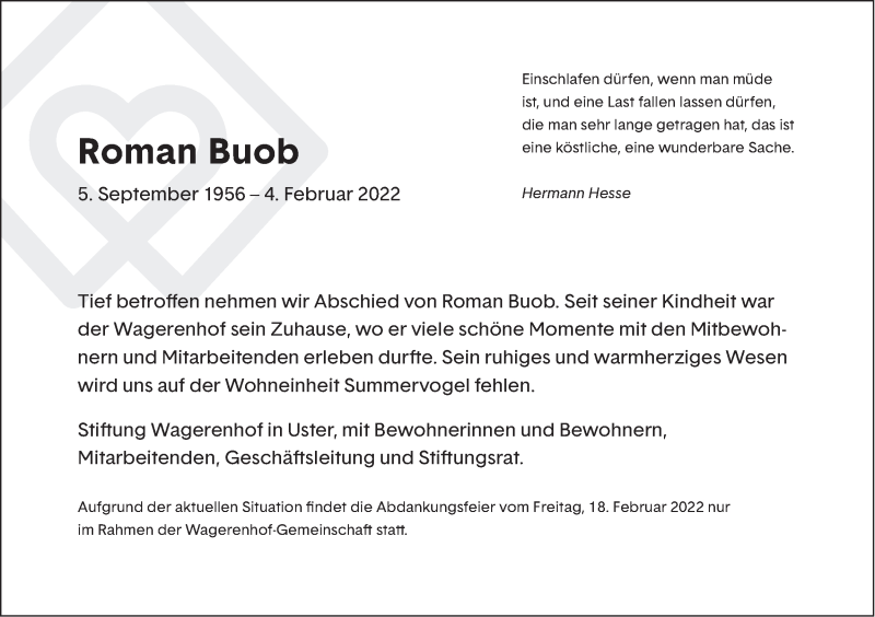  Traueranzeige für Roman Buob vom 11.02.2022 aus AvU