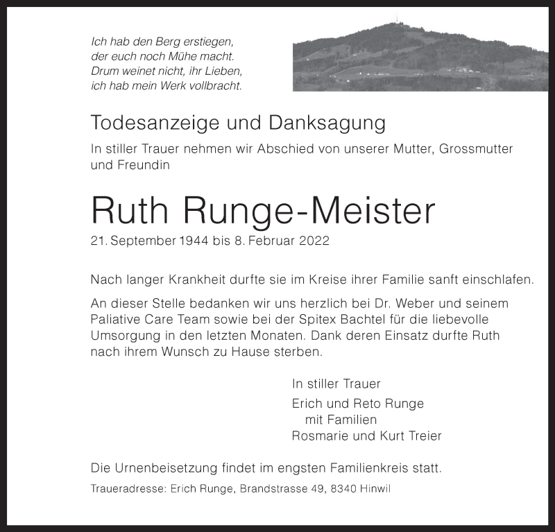  Traueranzeige für Ruth Runge-Meister vom 12.02.2022 aus AvU