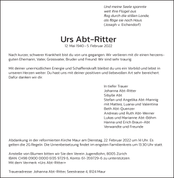 Traueranzeige von Urs Abt-Ritter von AvU