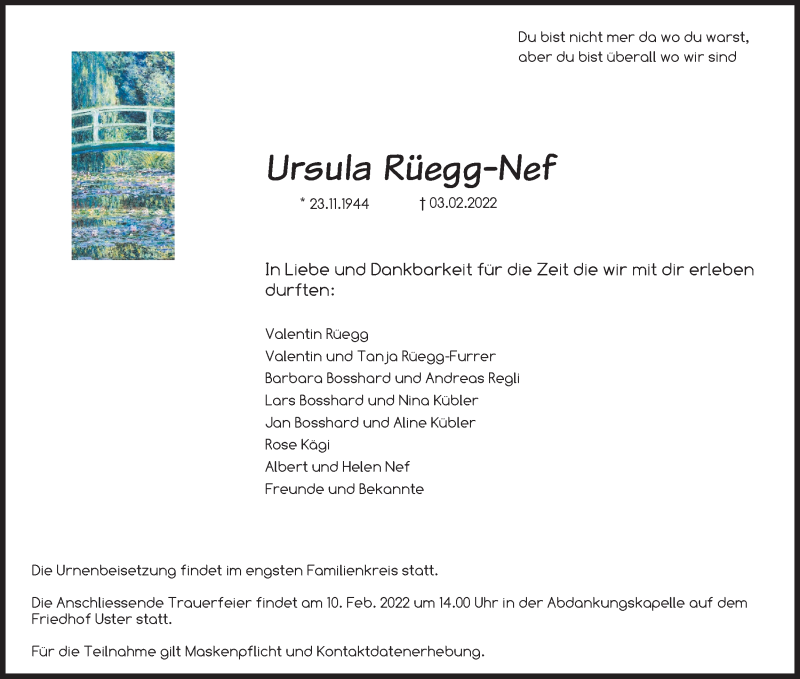  Traueranzeige für Ursula Rüegg-Nef vom 08.02.2022 aus AvU