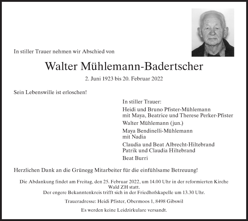  Traueranzeige für Walter Mühlemann-Badertscher vom 23.02.2022 aus AvU