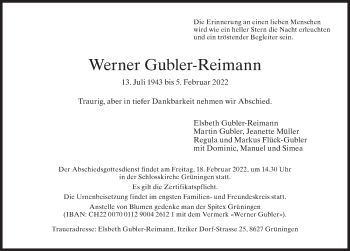 Traueranzeige von Werner Gubler-Reimann von AvU
