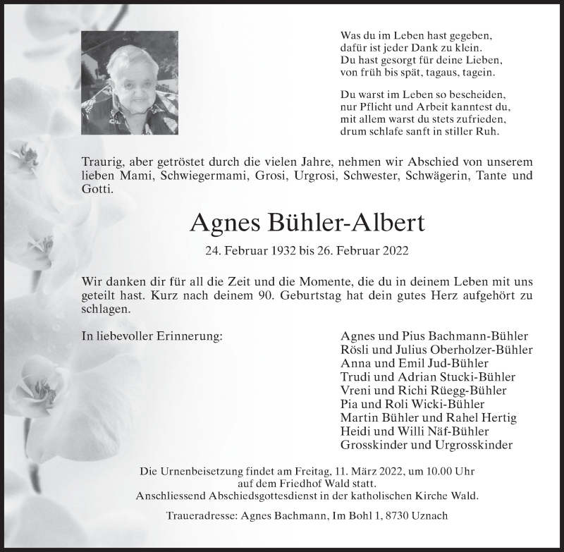  Traueranzeige für Agnes Bühler-Albert vom 02.03.2022 aus AvU