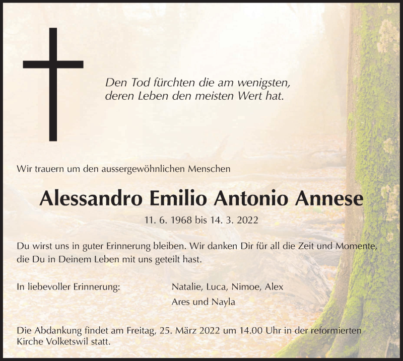  Traueranzeige für Alessandro Emilio Antonio Annese vom 25.03.2022 aus VO solo