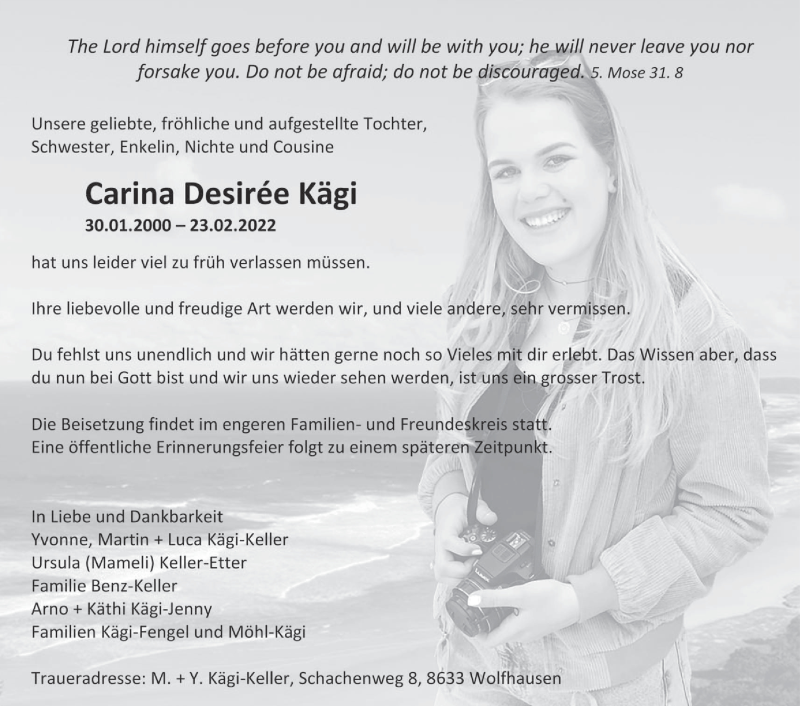  Traueranzeige für Carina Desirée Kägi vom 02.03.2022 aus AvU