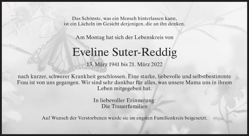  Traueranzeige für Eveline Suter-Reddig vom 30.03.2022 aus AvU