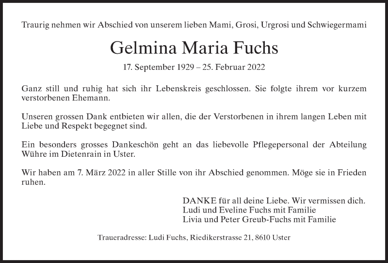  Traueranzeige für Gelmina Maria Fuchs vom 16.03.2022 aus AvU