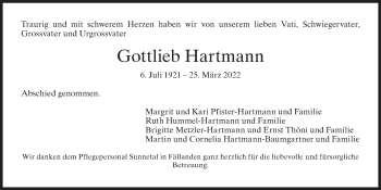 Traueranzeige von Gottlieb Hartmann von VO solo