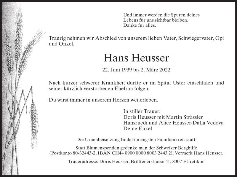  Traueranzeige für Hans Heusser vom 08.03.2022 aus AvU