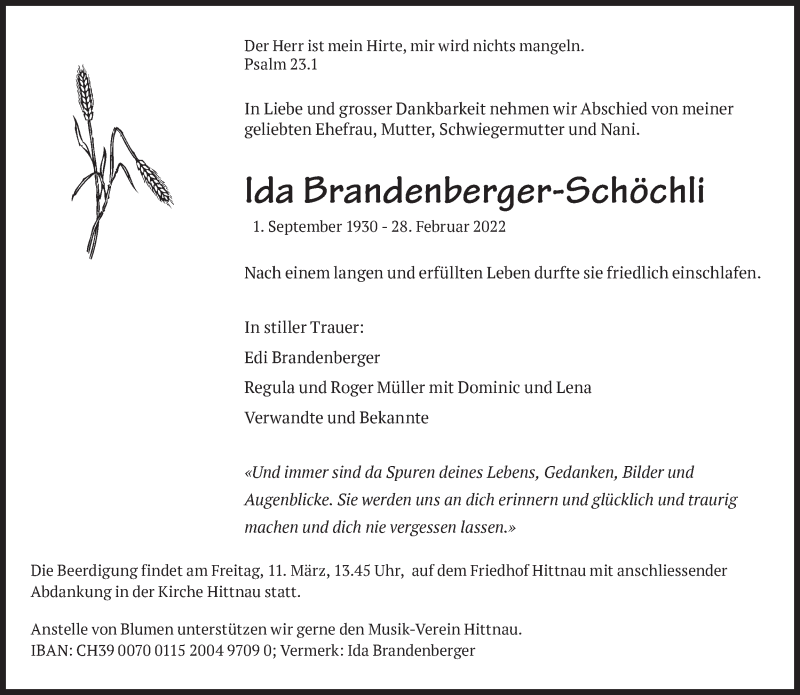  Traueranzeige für Ida Brandenberger-Schöchli vom 07.03.2022 aus AvU