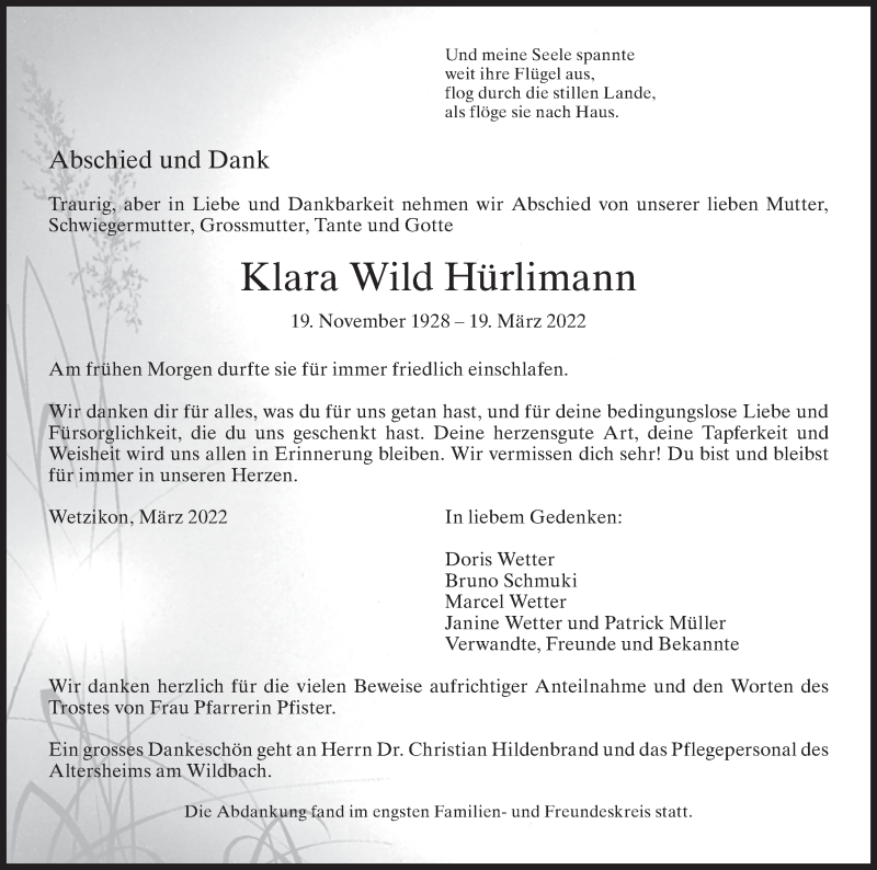  Traueranzeige für Klara  Wild Hürlimann vom 30.03.2022 aus AvU