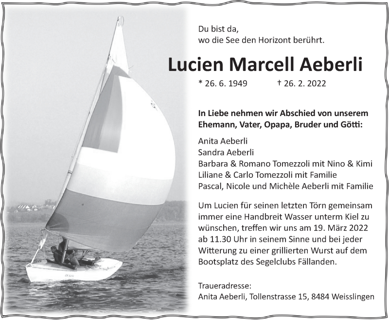  Traueranzeige für Lucien Marcell Aeberli vom 02.03.2022 aus AvU