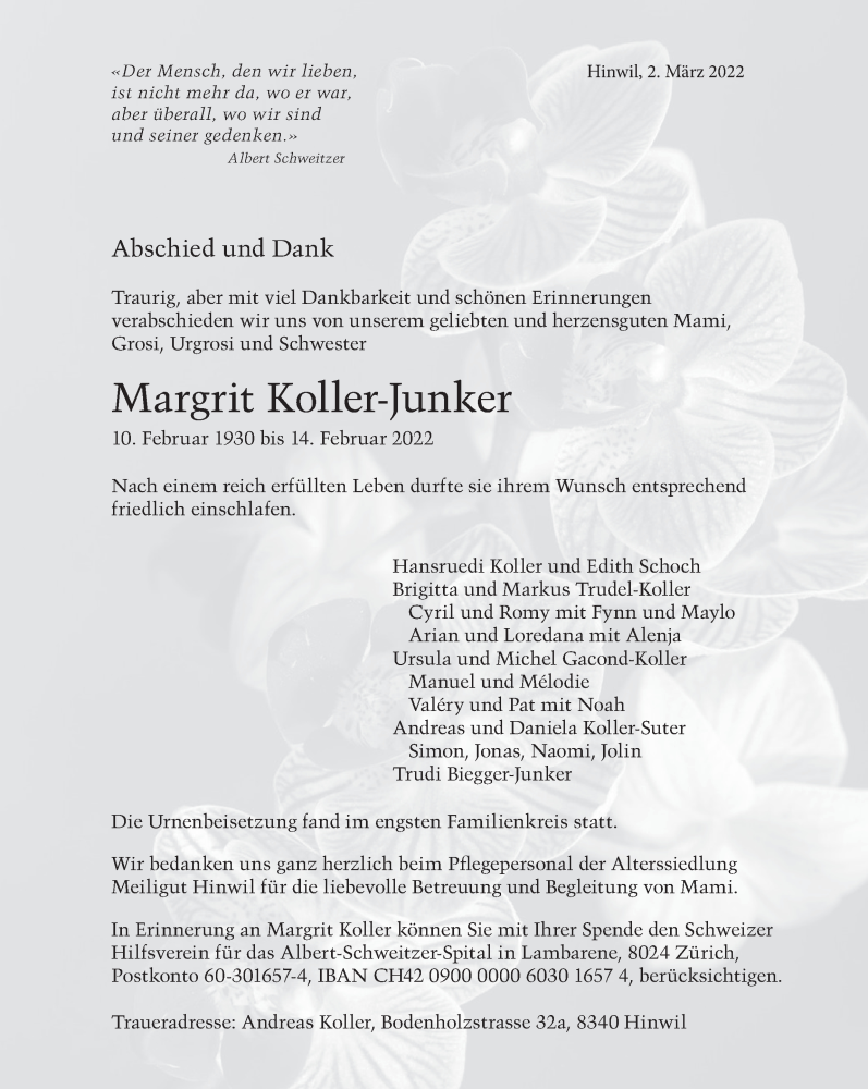  Traueranzeige für Margrit Koller-Junker vom 02.03.2022 aus AvU
