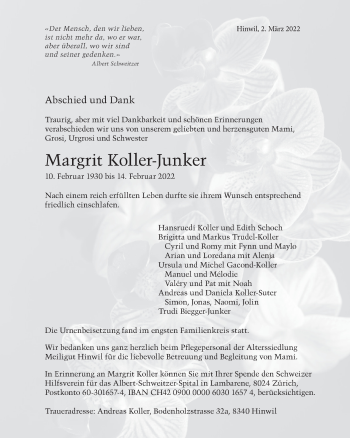 Traueranzeige von Margrit Koller-Junker von AvU