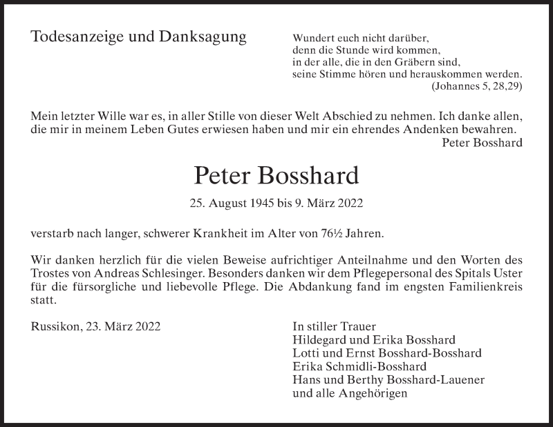  Traueranzeige für Peter Bosshard vom 23.03.2022 aus AvU