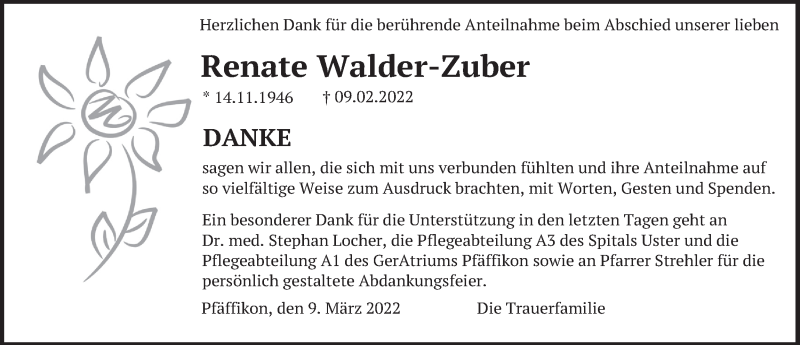  Traueranzeige für Renate Walder-Zuber vom 09.03.2022 aus AvU