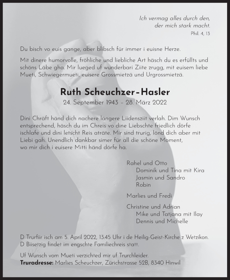  Traueranzeige für Ruth Scheuchzer-Hasler vom 01.04.2022 aus AvU