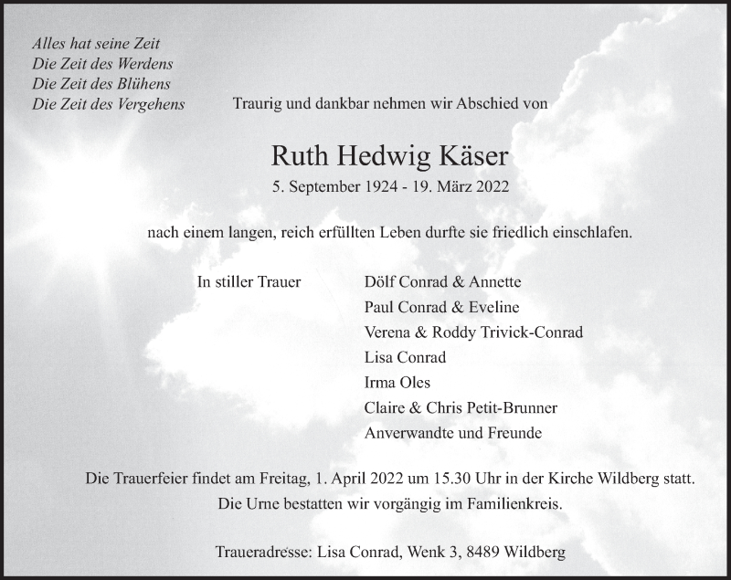 Traueranzeige für Ruth Hedwig Käser vom 25.03.2022 aus AvU