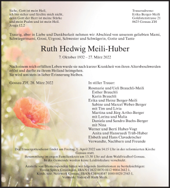 Traueranzeige von Ruth Hedwig Meili-Huber von AvU