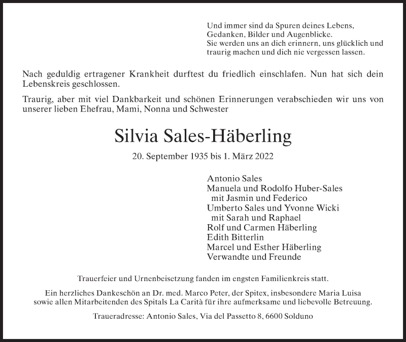  Traueranzeige für Silvia Sales-Häberling vom 09.03.2022 aus AvU